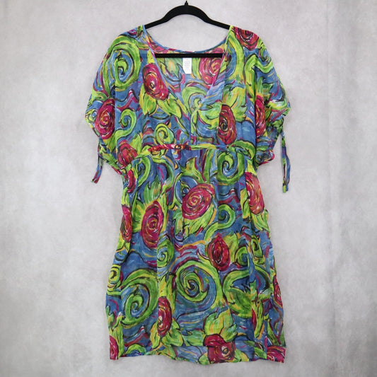 Boho Floral Swirl Sheer Festival Beach VTG Colorful Tunic Cover Up Dress L Large