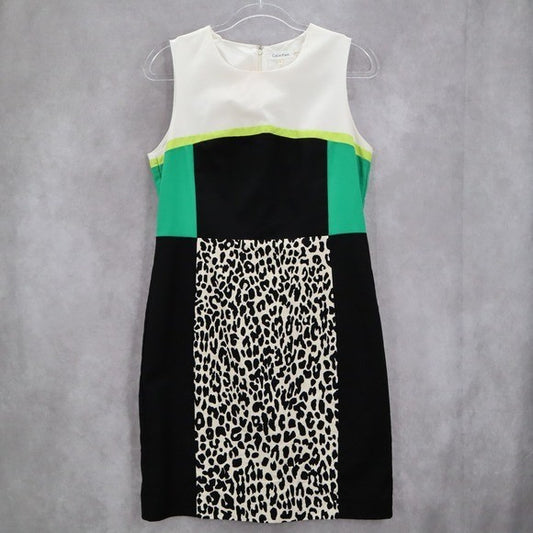 Calvin Klein Animal Black Green Leopard Knee Length Preppy Classic Dress 10