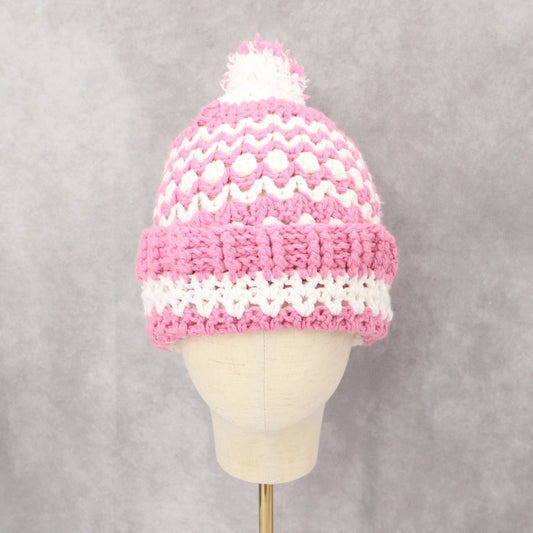 Pink Cable Knit Crochet Pom Pom Cozy Cottagecore Chunky Beanie Cap Hat