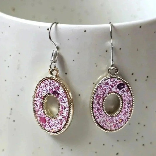 Purple Silver Glitter Oval Hook Dangle Boho Retro Fashion Earrings E93