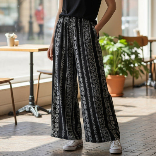 Joe Benbasset Black Geometric Wide Leg Boho Pull On Trousers Pant L Large