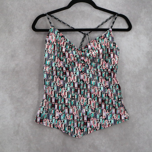 White Geometric Open Back Crisscross Tie Boho Beach Swim Tankini Top Small