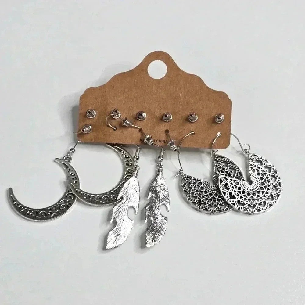 Moon Feather Silver Blue Earrings Six Hook Dangle Fashion Jewelry Boho JB2-29