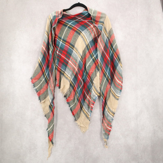 Red Plaid Green Cream Boho Holiday Triangle Shawl Fringe Tartan Wrap Scarf OS