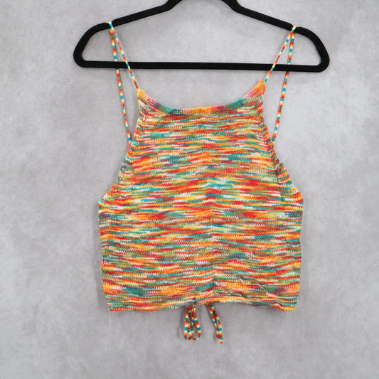 Orange Knit Multicolor Open Back Crop Tie Boho Stretch Y2K VTG Top M Medium