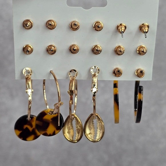Hoop Stud Dangle Brown Gold Set of 9 Earrings Fashion Jewelry JB2-48