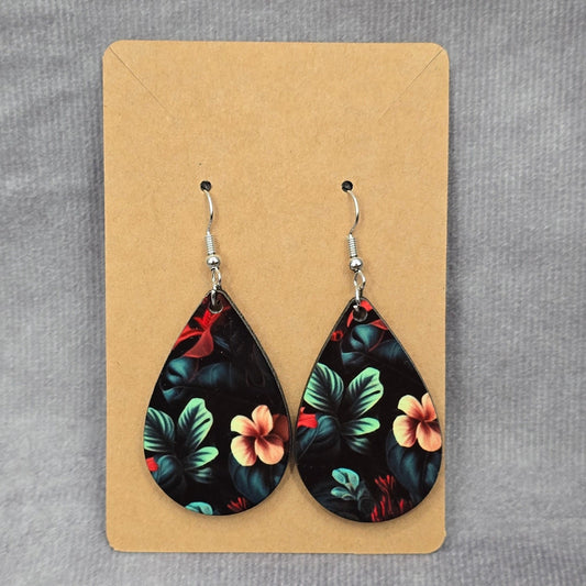 Black Teardrop Hook Floral Handmade Earrings JB1E9