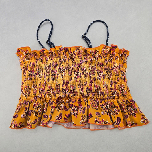 Yellow Floral Crop Smock Boho Tube Ruffle Y2K Bikini Bralette Swim Top M Medium