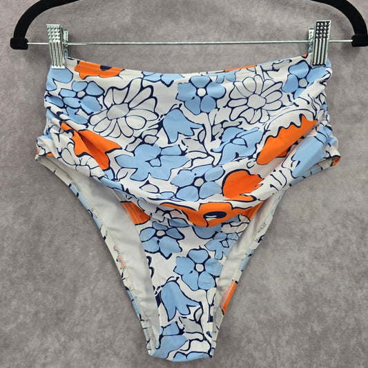 Blue White Floral Print Bikini Bottoms Swimsuit High Rise Swimwear Medium
