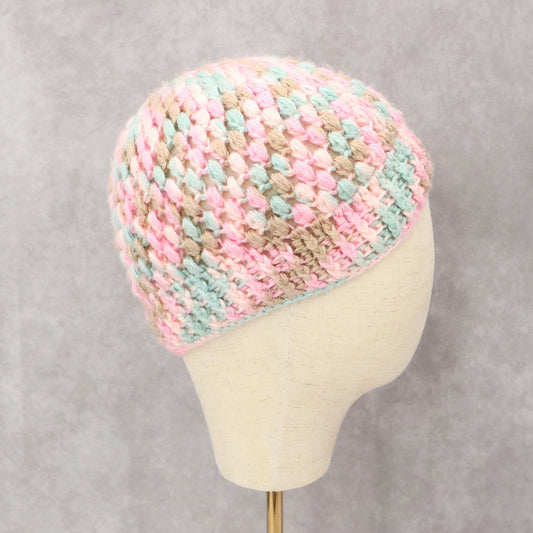 Pink Crochet Cable Knit Y2K Vintage Cottage Cozy Beanie Cap Hat OS
