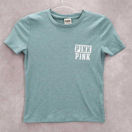 Victoria's Secret Pink Logo Blue Ribbed Short Sleeve Cropped Tshirt Top S Small