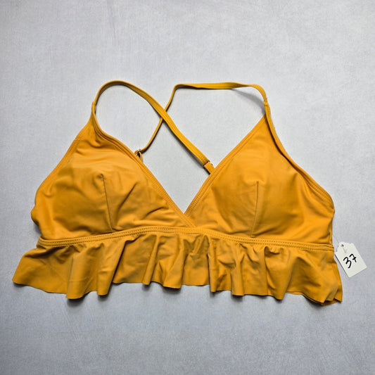 Yellow Ruffle Padded Pull On Crisscross Swim Sports Bra Beach Bikini Top L Large