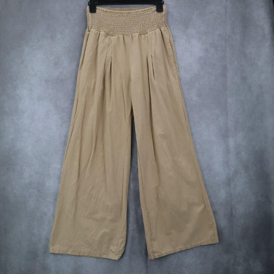 Beige Wide Leg Pants Smocked Waist Boho Palazzo Casual Trousers Pull On Medium
