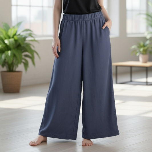 H&M Navy Blue Wide Leg Pull On Elastic Trouser Pants Preppy Casual M Medium