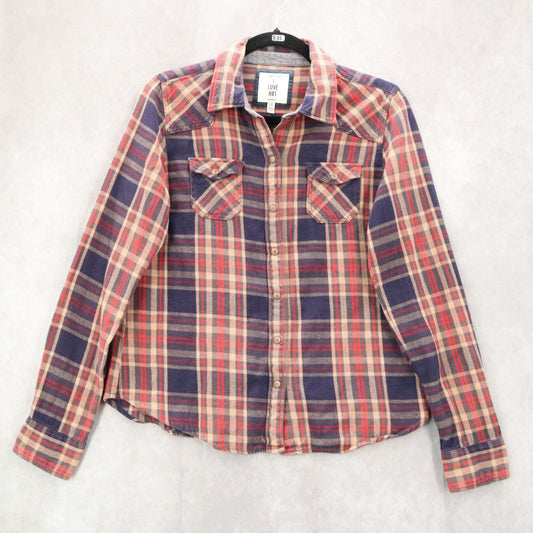 I Love H81 Blue Flannel Plaid Button Up Cotton Patch Western Patch Cowgirl Large