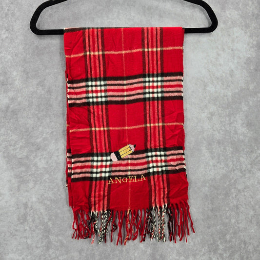 Cashmink Red Plaid Tartan Fringe Wrap Angela Pencil Patch Shawl Scarves Scarf