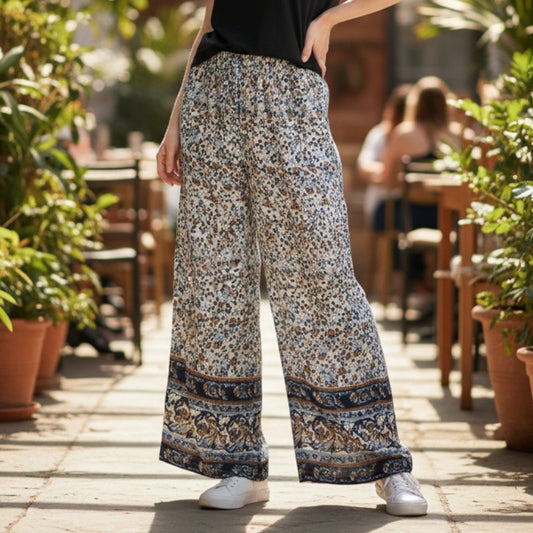 Indero Blue Floral Wide Leg Boho Pull On Straight Leg Trousers Pant L/XL