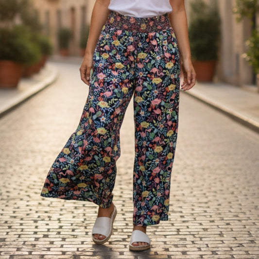 Secret Treasures Blue Floral Wide Leg Boho Pull On Trousers Pant XL Extra Large