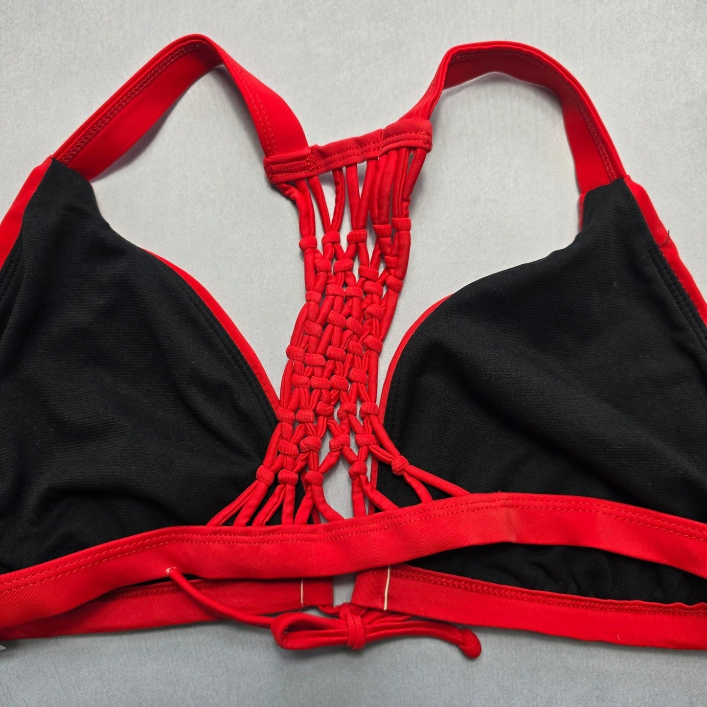 Red Crochet Tie Boho Racerback Swim Sports Bra Beach Bralette Bikini Top L Large