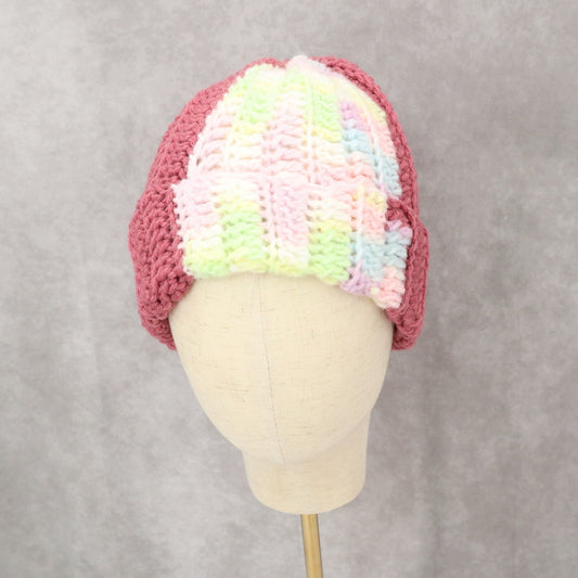 Pink Multi Color Chunky Y2K Vintage Crochet Beanie Cap Hat OS