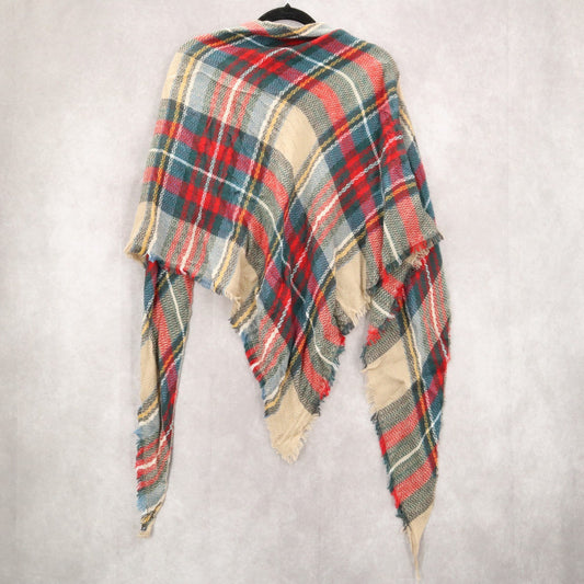 Red Plaid Green Cream Boho Holiday Triangle Shawl Fringe Tartan Wrap Scarf OS