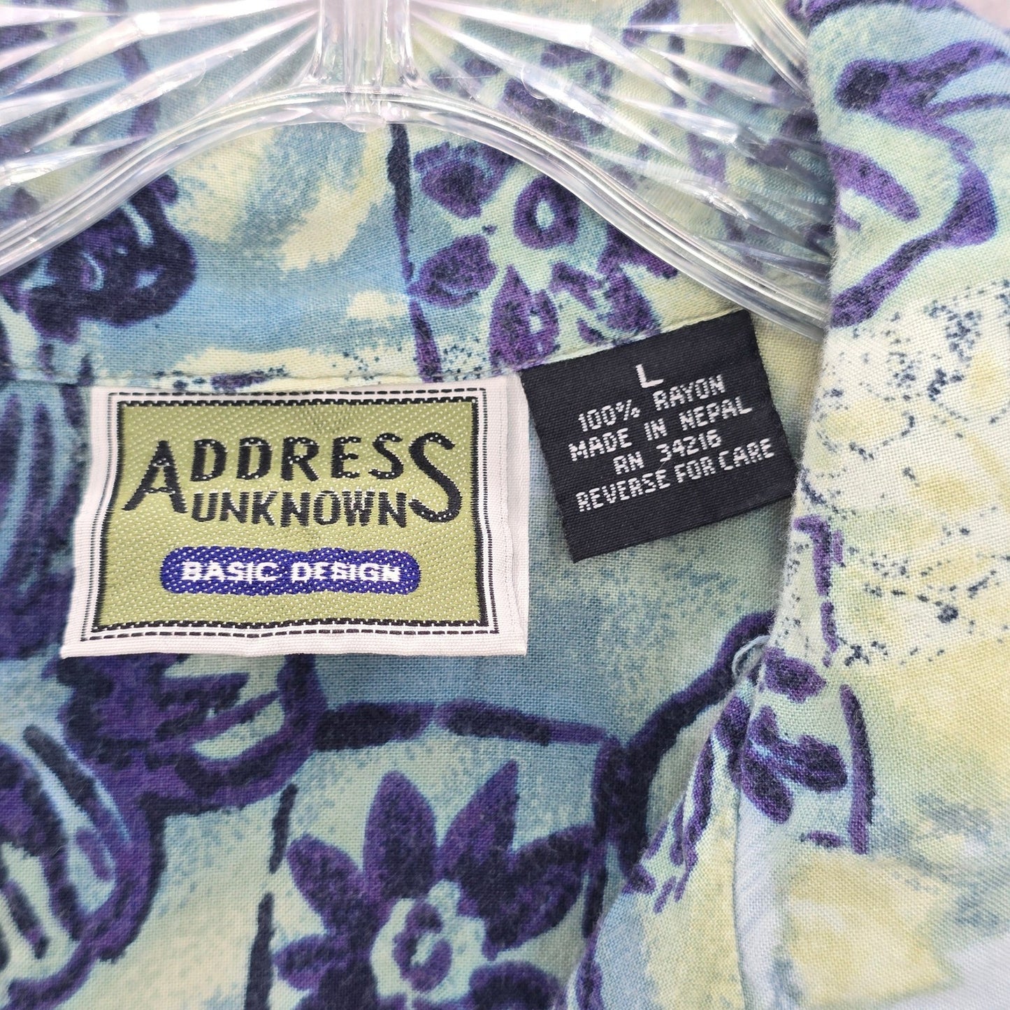 Address Unknown Green Palm Tropical Surf Island Vintage Relax Hawaiian Shirt L