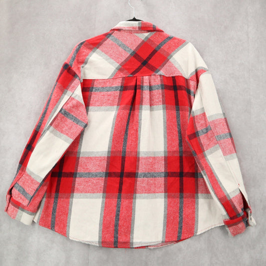 Trendy Queen Red Long Sleeve Plaid Flannel Button Down Pocket Shacket Large
