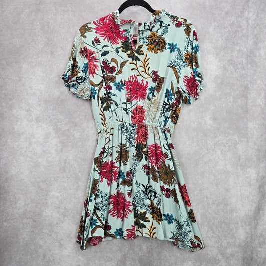 Blue Floral Ruffle Short Sleeve Flare Boho Knee Length Dress Small
