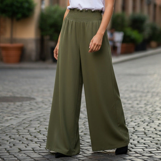 Green Wide Leg Boho Comfy Pull On Straight Leg High Rise Trousers Pant S Small