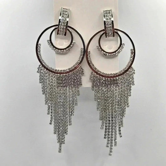 Rhinestone Silver Circle Fringe Dangle Long Earrings Fashion Jewelry Medium E38