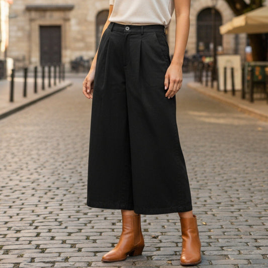 Black Cropped Wide Leg Pleated Belted Preppy Straight Leg Trousers Pant L Large