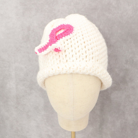 Pink Ribbon Cable Knit Y2K Vintage Breast Cancer Beanie Cap Hat OS