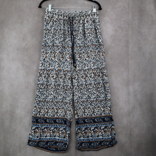 Indero Blue Floral Wide Leg Boho Pull On Straight Leg Trousers Pant L/XL