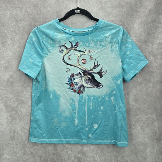 Blue Reindeer Moose Christmas Holoday Festive Print Tshirt Top Small