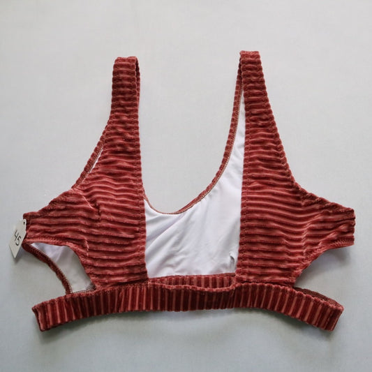 Brown Stripe Cutout Velvet Swim Sports Bra Beach Bralette Bikini Top L Large