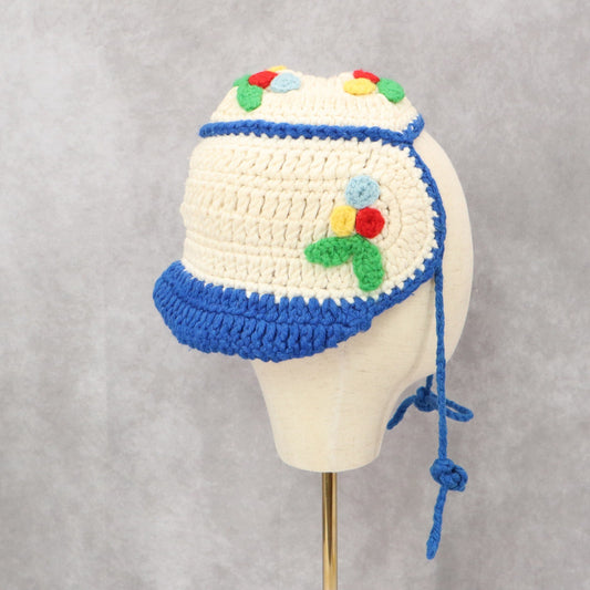 White Cable Knit Crochet Floral Tie Y2K Vintage Child Girls Beanie Hat Cap