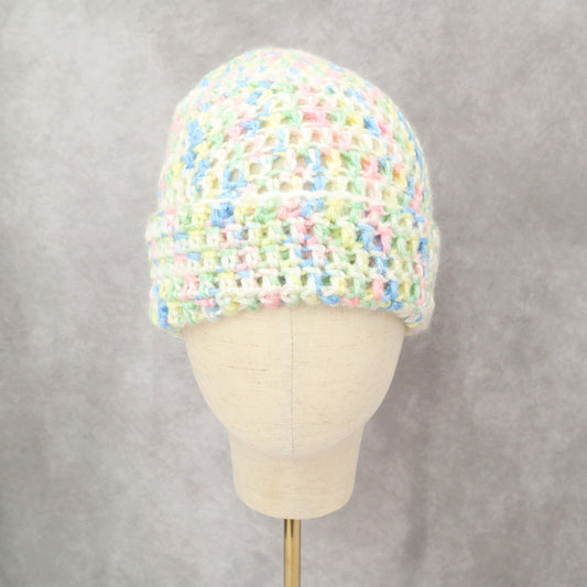 White Multi Color Cable Knit Y2K Vintage Bucket Beanie Cap Hat