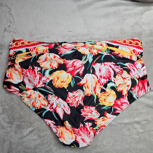 Shein Black Floral High Waist Belt Buckle Swimsuit Swimwear Bikini Bottom 2XL