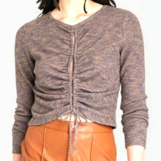 Wild Fable Brown Knit Crop Drawstring Split Long Sleeve Cozy Top NWT Extra Large
