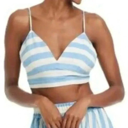 A New Day Blue & White Linen Bungalow Beach Bikini Top Cropped Bra Tank L Large