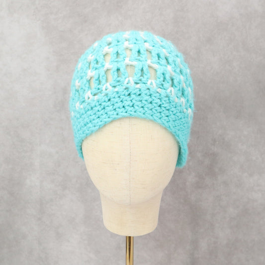 Blue Cable Knit White Handmade Y2K Vintage Cozy Winter Beanie Cap Hat