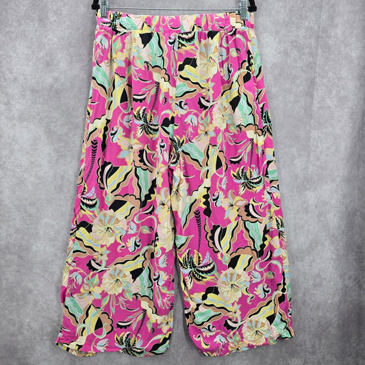 New Look Pink Floral Elastic Crop Belt Beach Boho Wide Leg Pants Trousers XL