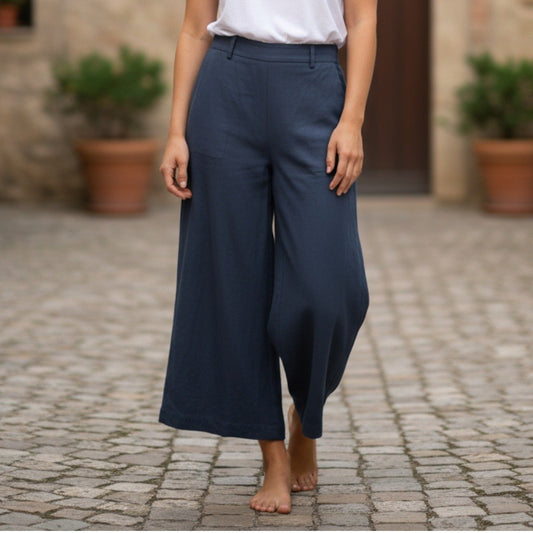 Bar III Navy Blue Wide Leg Preppy Crop Pull On Elastic Linen Pants Medium 10