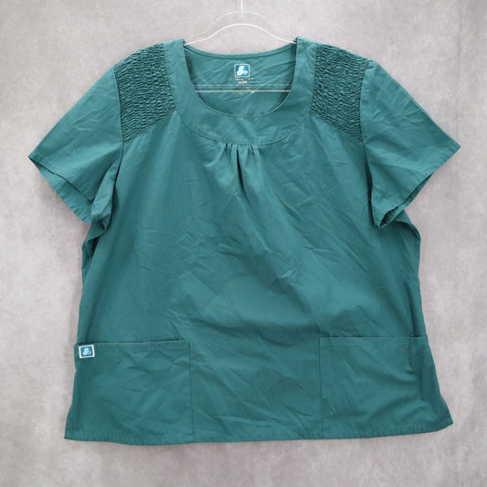 Adar Green Medical Uniform Scoop Neck Smocked Pocket Short Sleeve Top Plus 3XL