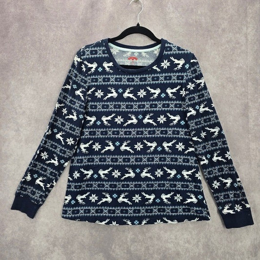 Holiday Time Blue Christmas Snow Flake Reindeer Print Pajama Top Medium