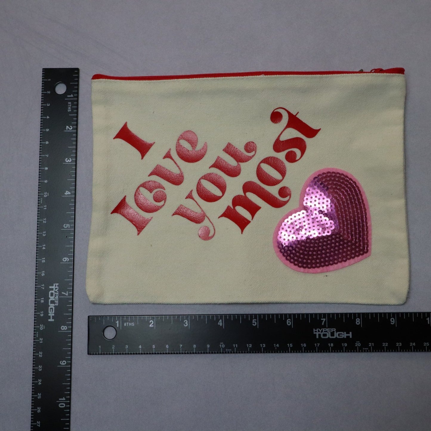 I Love You Most Pink Sequin Heart Patch Red Zipper Canvas Handmade Makeup Bag