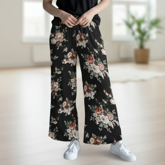 Copper Key Black Floral Wide Leg Pants Boho Palazzo High Waist Lounge VTG Small
