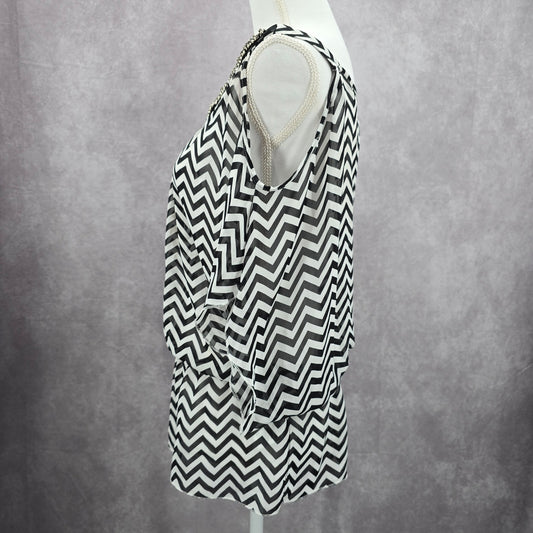 Studio Y Back White Chevron Beaded Sheer Cut Out Cold Shoulder Top XS