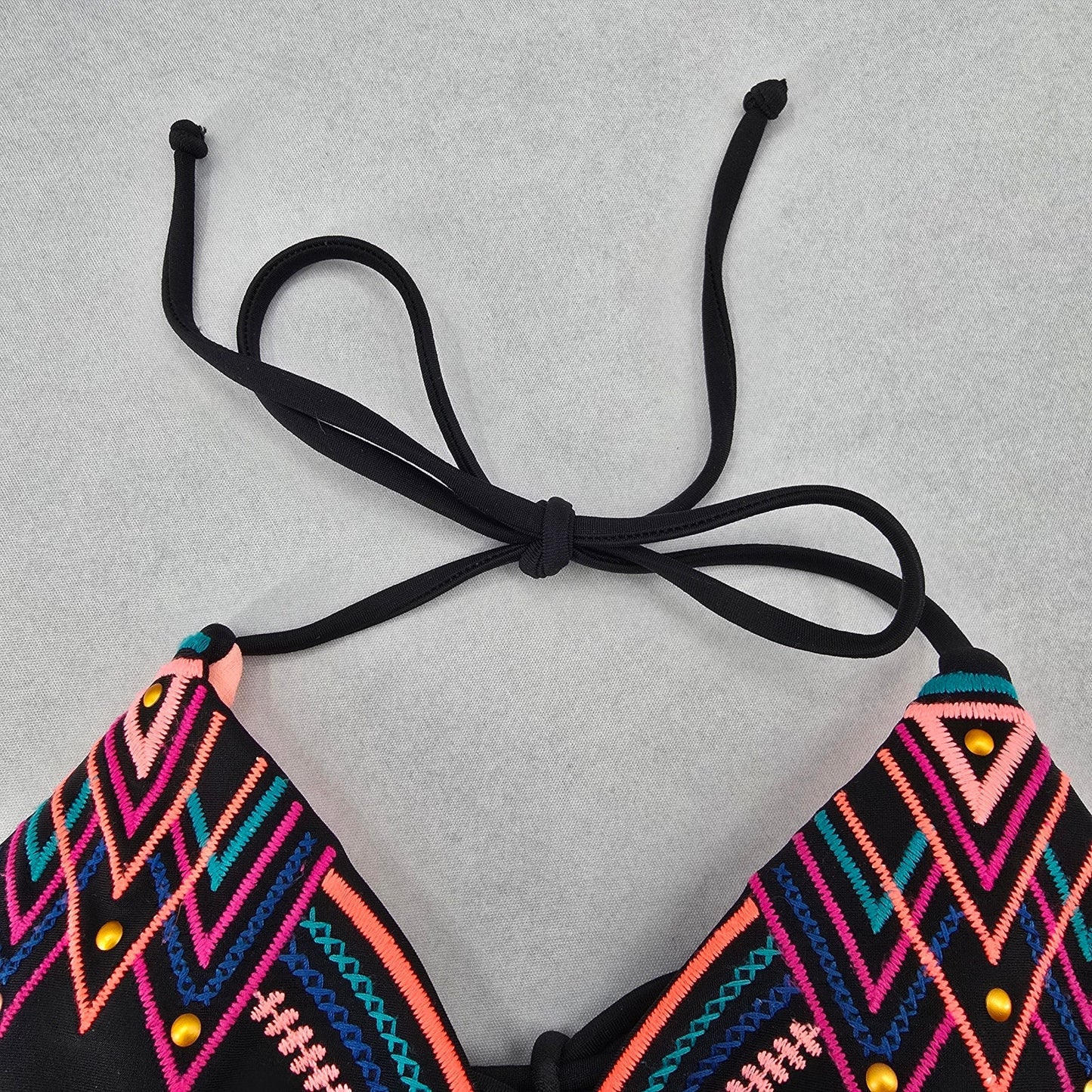 Black Embroidered Stud Padded Tie Beach Sports Bikini Bralette Swim Top S Small