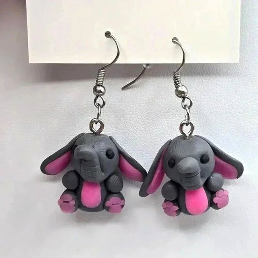 Gray Elephant Floppy Ears Dangle Hook Earrings Boho Fashion Jewelry